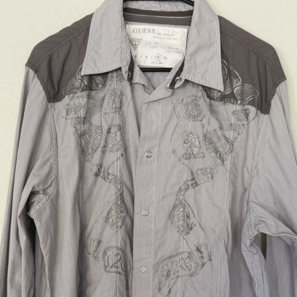 Guess Los Angeles Vintage‎ Y2K Mens XL Dress Shirt Grey Snap Closure Long Sleeve - Picture 1 of 13